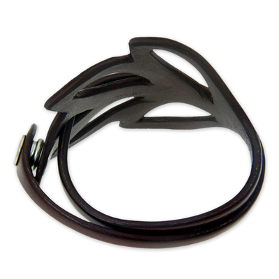 Leather wrap bracelet, 'Lucky Maroon Leaf' - Handcrafted Leather Wrap Bracelet Fair Trade Jewellery