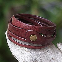 Leather wrap bracelet, 'Crimson Whisper' - Artisan Crafted Red Leather Wrap Bracelet