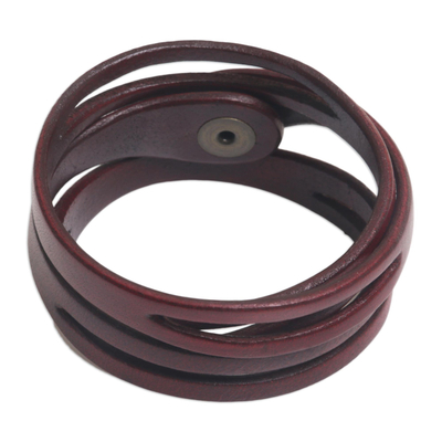 Leather wrap bracelet, 'Crimson Whisper' - Artisan Crafted Red Leather Wrap Bracelet