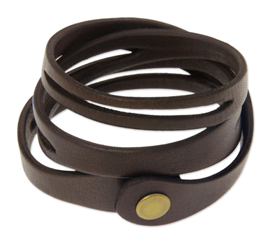 Fair Trade Wide Brown Leather Wrap Bracelet with Iron Snap Clasp