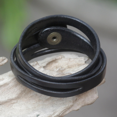 Leather wrap bracelet, 'Black Whisper' - Artisan Crafted Leather Wrap Bracelet from Bali