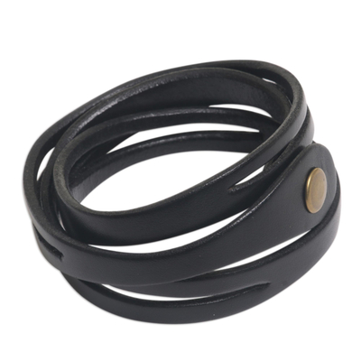 Leather wrap bracelet, 'Black Whisper' - Artisan Crafted Leather Wrap Bracelet from Bali