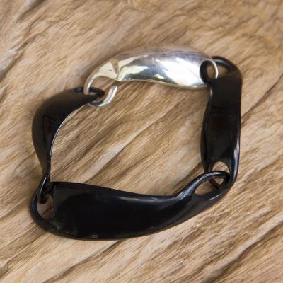 Sterling silver and horn link bracelet, 'Night Waves' - Silver Accent Carved Horn Bracelet