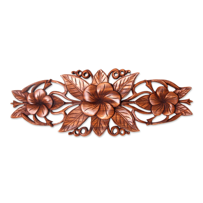 Wood relief panel, 'Three Plumeria Blossoms' - Plumeria Blossoms Wall Sculpture from Bali