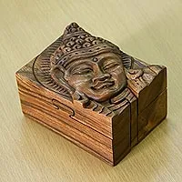 Wood puzzle box, 'Glorious Buddha' - Hand-carved Wood Puzzle Box Buddhist Art