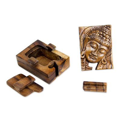 Wood puzzle box, 'Glorious Buddha' - Hand-carved Wood Puzzle Box Buddhist Art