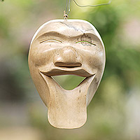 Máscara de madera, 'Laugh Out Loud' - Máscara de madera de hibisco de Bali tallada a mano