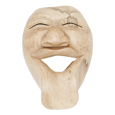 Wood mask, 'Laugh Out Loud' - Hand Carved Bali Hibiscus Wood Mask