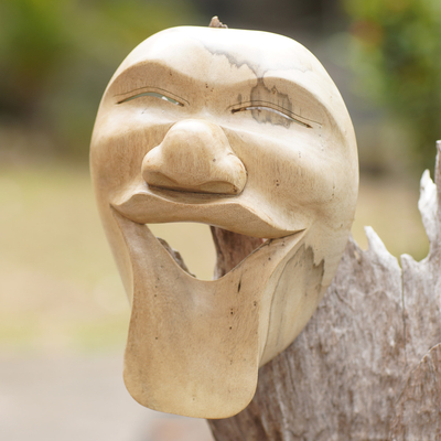 Wood mask, 'Laugh Out Loud' - Hand Carved Bali Hibiscus Wood Mask