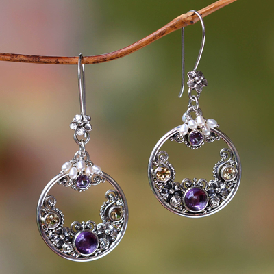 Cultured pearl and amethyst earrings 'Frangipani Moons' - Pearl and Amethyst Earrings from Balinese Artisan