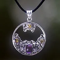 Citrine and amethyst floral necklace, 'Frangipani Moon' - Citrine Amethyst and Sterling Silver Necklace Bali Jewelry