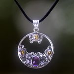 Citrine and amethyst floral necklace, 'Frangipani Moon' - Citrine Amethyst and Sterling Silver Necklace Bali Jewelry