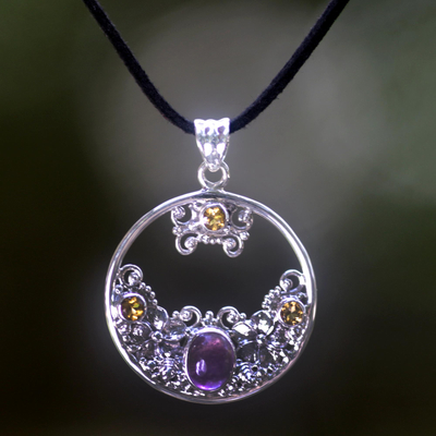 Citrine and amethyst floral necklace, 'Frangipani Moon' - Citrine Amethyst and Sterling Silver Necklace Bali Jewelry