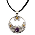 Citrine and amethyst floral necklace, 'Frangipani Moon' - Citrine Amethyst and Sterling Silver Necklace Bali Jewelry