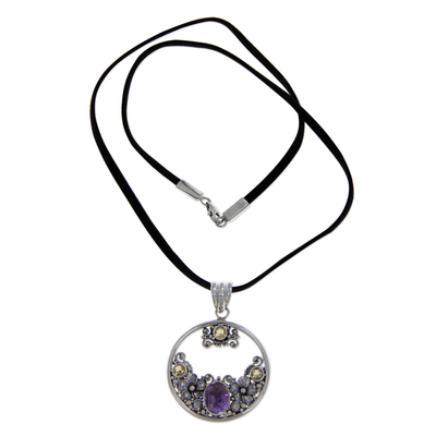 Citrine and amethyst floral necklace, 'Frangipani Moon' - Citrine Amethyst and Sterling Silver Necklace Bali Jewellery