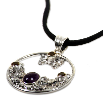 Citrine and amethyst floral necklace, 'Frangipani Moon' - Citrine Amethyst and Sterling Silver Necklace Bali Jewellery