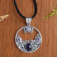 Amethyst floral necklace, 'Frangipani Moon' - Amethyst and Sterling Silver Necklace Bali Jewelry