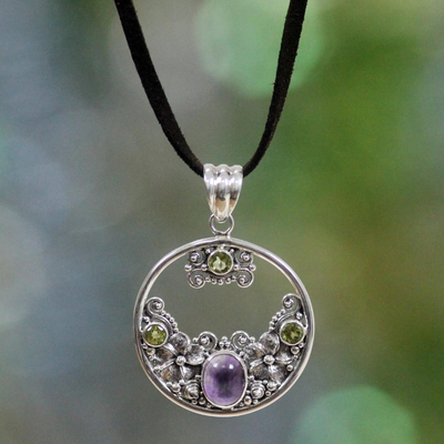 Peridot and amethyst floral necklace, 'Frangipani Moon' - Peridot Amethyst and Sterling Silver Necklace Bali Jewelry