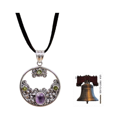 Collar floral de peridoto y amatista - Collar de peridoto, amatista y plata de ley Bali Jewelry
