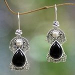 Cultured pearls and onyx flower earrings, 'Frangipani Nights' - Pearls and Onyx Earrings Artisan Crafted Thai Jewelry