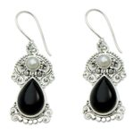 Cultured pearls and onyx flower earrings, 'Frangipani Nights' - Pearls and Onyx Earrings Artisan Crafted Thai Jewelry