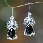 Cultured pearls and onyx flower earrings, 'Frangipani Nights' - Pearls and Onyx Earrings Artisan Crafted Thai Jewelry