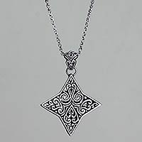 Sterling silver pendant necklace, 'Star of Bali' - Balinese Floral Star Handmade Silver Necklace