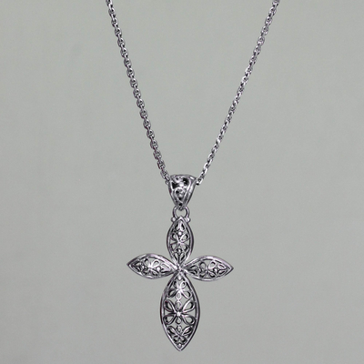 Sterling silver pendant necklace, 'Kawung Rosette Cross' - Handmade Javanese Style Silver Cross Necklace