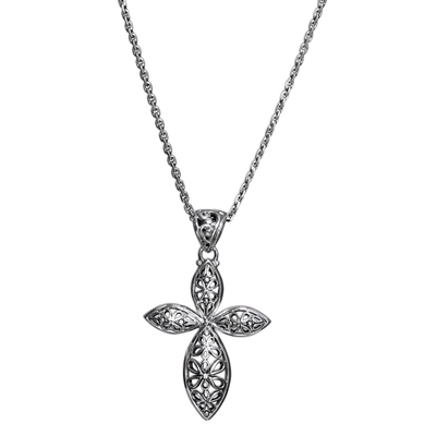 Sterling silver pendant necklace, 'Kawung Rosette Cross' - Handmade Javanese Style Silver Cross Necklace