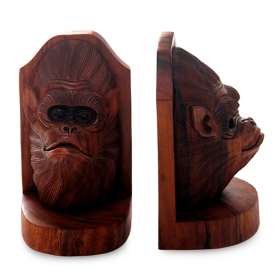 Wood bookends, 'Orangutan Couple' (pair) - Balinese Artisan Crafted Signed Orangutan Bookends (Pair)