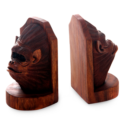 Wood bookends, 'Orangutan Couple' (pair) - Balinese Artisan Crafted Signed Orangutan Bookends (Pair)