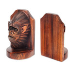 Wood bookends, 'Orangutan Couple' (pair) - Balinese Artisan Crafted Signed Orangutan Bookends (Pair)
