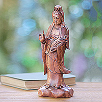 Wood statuette, 'Beautiful Kwan Im' - Buddhist Goddess Sculpture Hand-carved Wood
