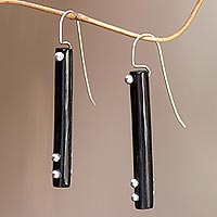 Sterling silver accent drop earrings, 'Benoa Moonlight' - Hand Crafted Silver Accent Earrings with Water Buffalo Horn