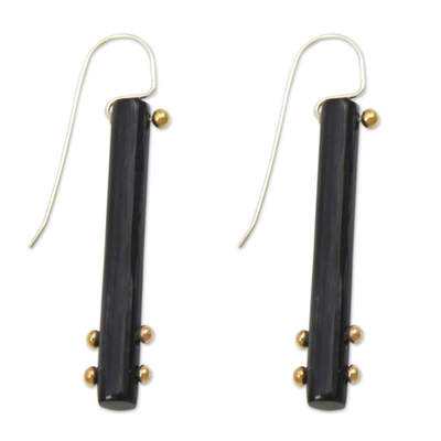Brass accent drop earrings, 'Benoa Sunlight' - Hand Crafted Brass Accent Earrings with Water Buffalo Horn
