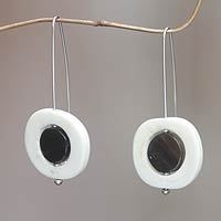 Horn and bone drop earrings, 'Owl' - Handcrafted Bone Earrings with Water Buffalo Horn