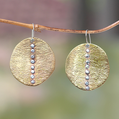 Brass and sterling silver dangle earrings, 'Ocean Sunset' - Handmade Silver Accent Brass Dangle Earrings