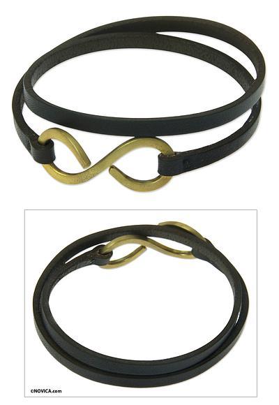 Leather wrap bracelet, 'Brown Infinity' - Artisan Crafted Leather Wrap Bracelet with Large Brass Hook
