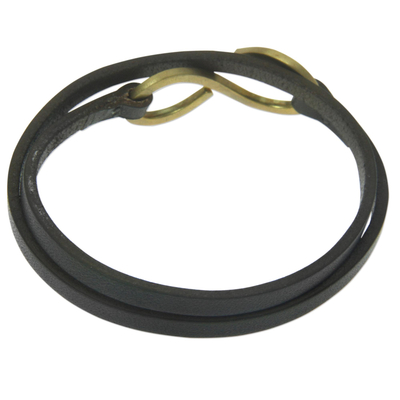 Leather wrap bracelet, 'Brown Infinity' - Artisan Crafted Leather Wrap Bracelet with Large Brass Hook