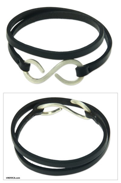 Leather wrap bracelet, 'Silver Infinity' - Artisan Crafted Leather Wrap Bracelet with Silver Brass Hook