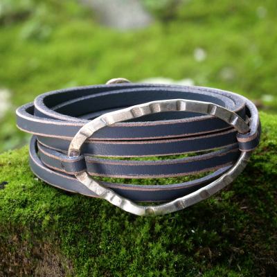 Leather wrap bracelet, 'Palau Dewata in Charcoal' - Gray Leather Wrap Bracelet with Silver Plated Pendant