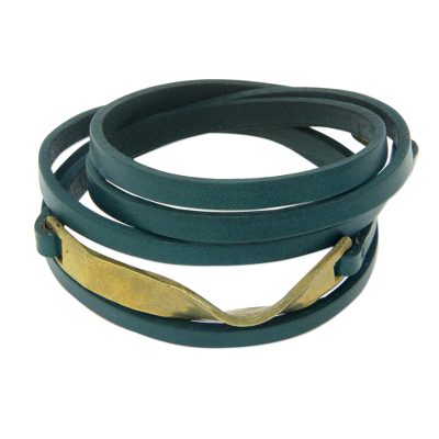 Leather wrap bracelet, 'Teal Myth' - Teal Leather and Brass Wrap Bracelet