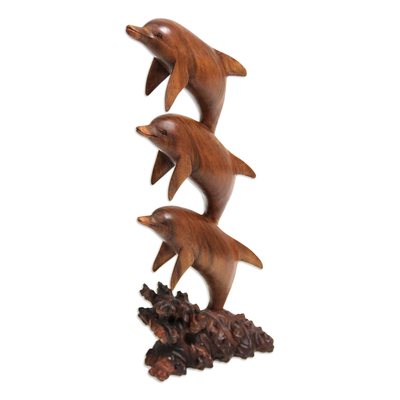 Wood sculpture, 'Dolphin Dance' - Three Dolphins Sculpture Hand Carved Wood