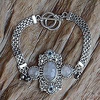 Cultured pearl and rainbow moonstone flower bracelet, 'Regal Gianyar'