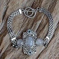 Pulsera de perlas cultivadas y flores de piedra lunar arcoíris - Pulsera de piedra lunar arcoíris y topacio azul