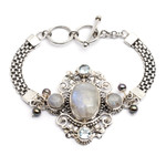 Cultured pearl and rainbow moonstone flower bracelet, 'Regal Gianyar' - Rainbow Moonstone and Blue Topaz Bracelet