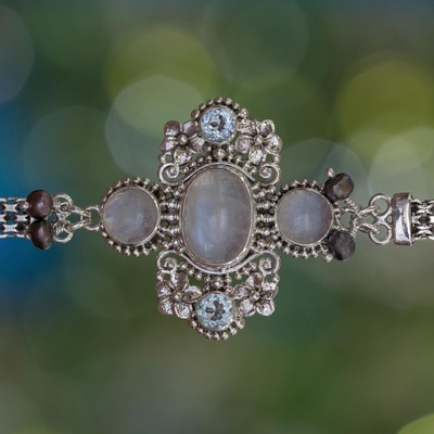 Cultured pearl and rainbow moonstone flower bracelet, 'Regal Gianyar' - Rainbow Moonstone and Blue Topaz Bracelet