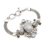 Cultured pearl and rainbow moonstone flower bracelet, 'Regal Gianyar' - Rainbow Moonstone and Blue Topaz Bracelet