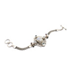 Cultured pearl and rainbow moonstone flower bracelet, 'Regal Gianyar' - Rainbow Moonstone and Blue Topaz Bracelet