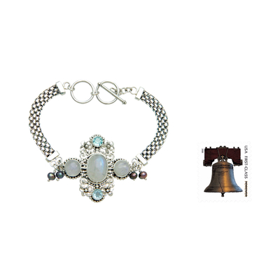 Cultured pearl and rainbow moonstone flower bracelet, 'Regal Gianyar' - Rainbow Moonstone and Blue Topaz Bracelet
